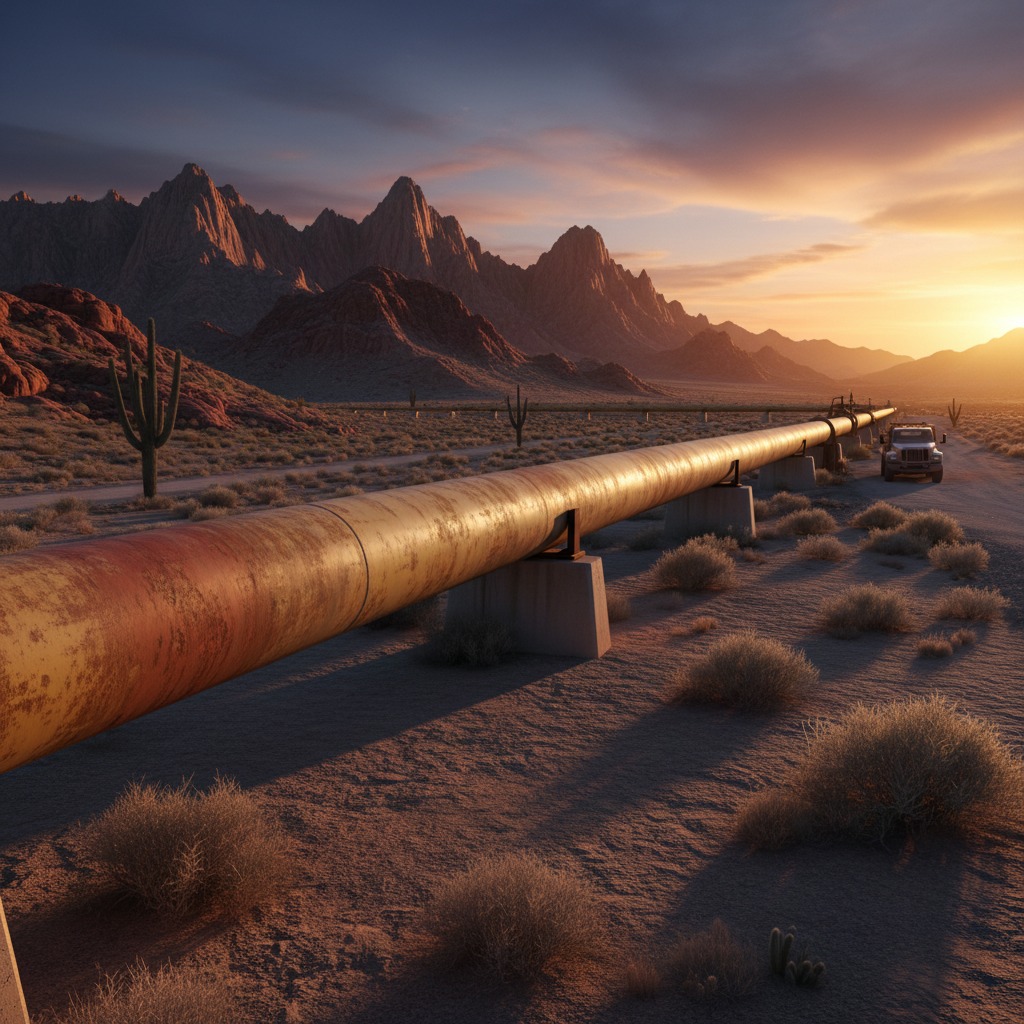 A large, weathered industrial pipeline stretches across a vast desert landscape at sunset, with mountains in the background and a vehicle parked in the distance.