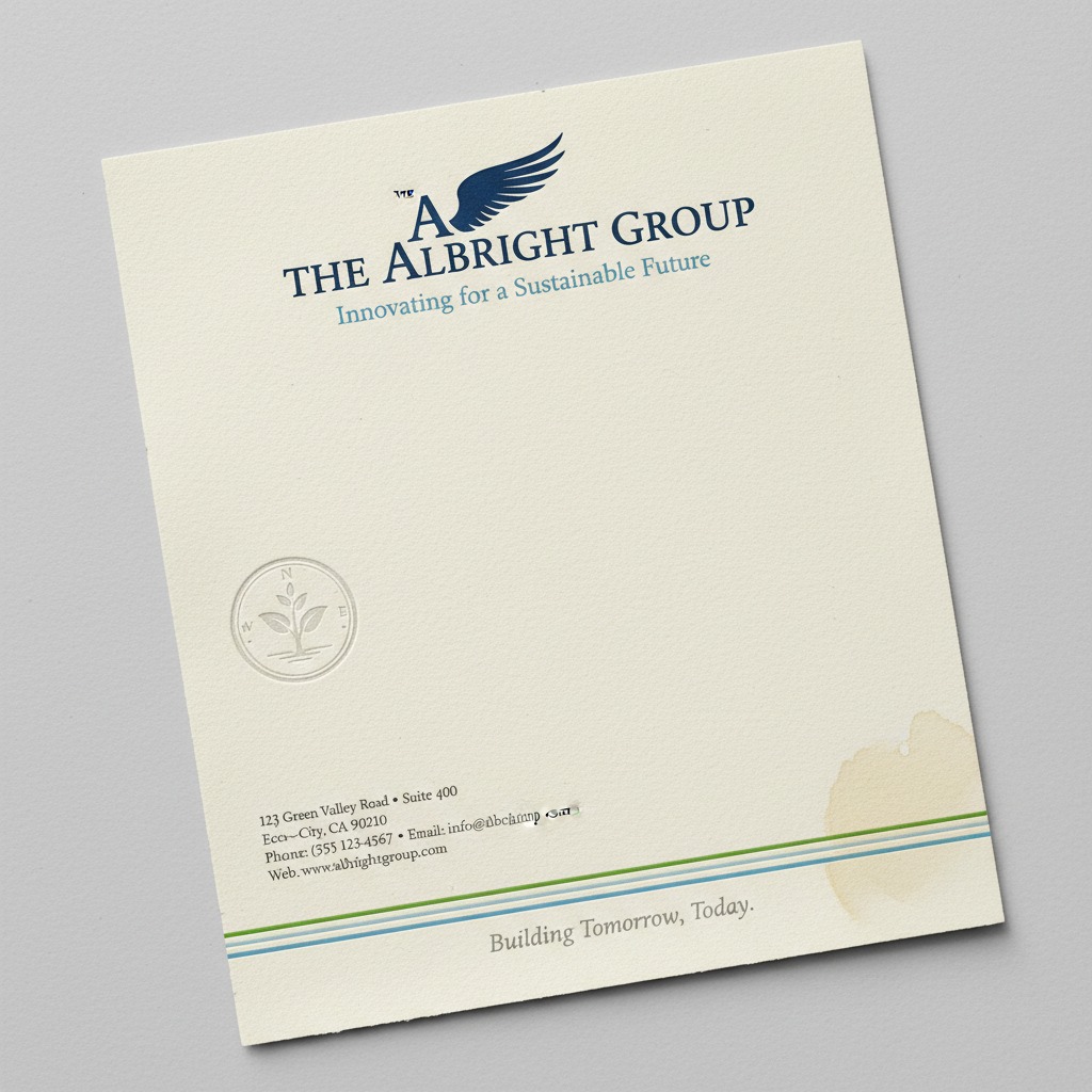 The Albright Group branded letterhead features a dark blue logo, contact information at the bottom, and a faint compass seal in the lower left corner.