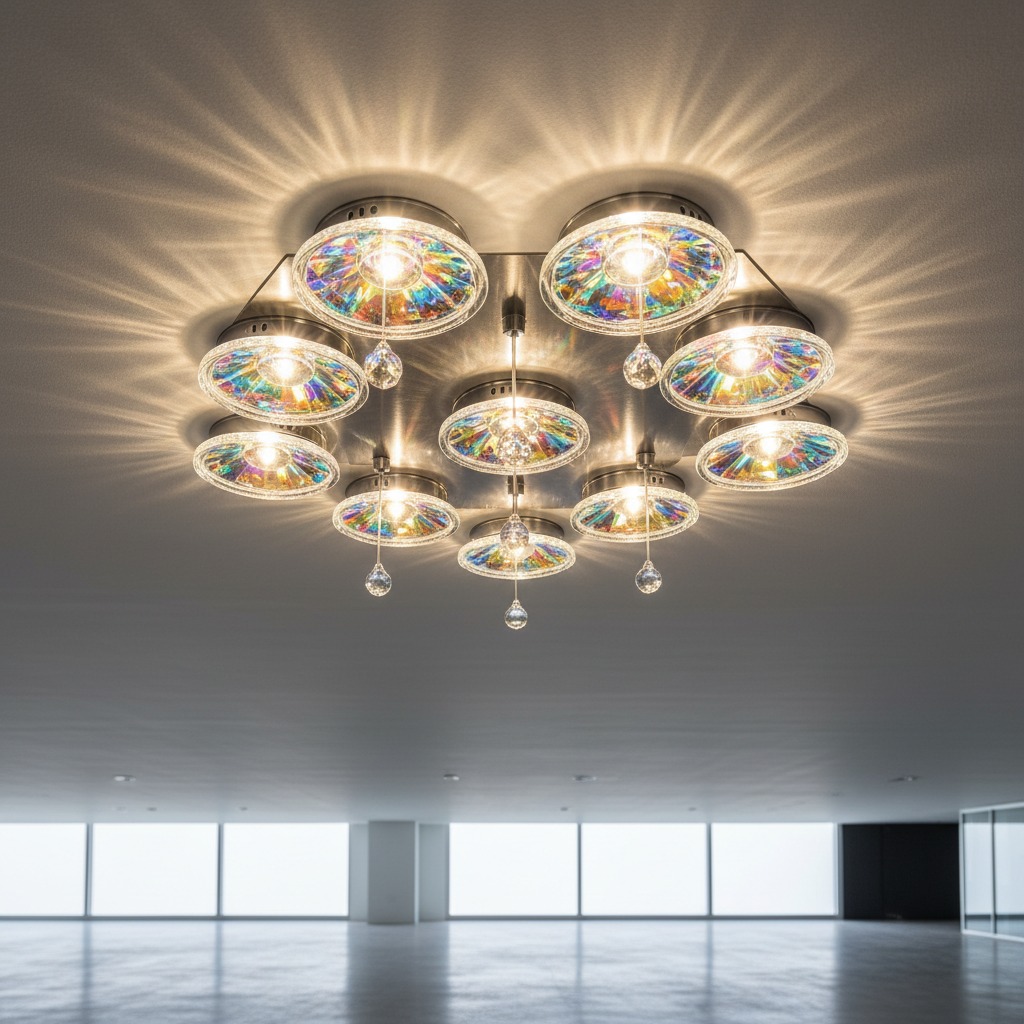 A modern ceiling light fixture with multiple iridescent glass discs casts a bright, patterned glow onto a white ceiling in an empty room.